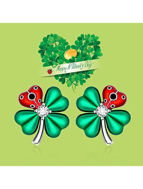 Fenthring St Patricks Day Shamrock Earrings for Women Girls Four Leaf Clover Miraculous Ladybug Earrings Stud Sterling Silver Irish Green Cute Red Beetle Valentines Mothe