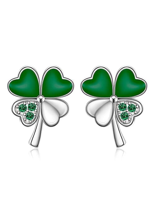 Iringnier Shamrock Earrings for Women Girls Sterling Silver St Patricks Day Four Leaf Clover Earrings Studs Green Shamrock Jewelry Holiday Gifts