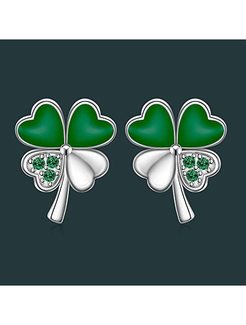 Iringnier Shamrock Earrings for Women Girls Sterling Silver St Patricks Day Four Leaf Clover Earrings Studs Green Shamrock Jewelry Holiday Gifts