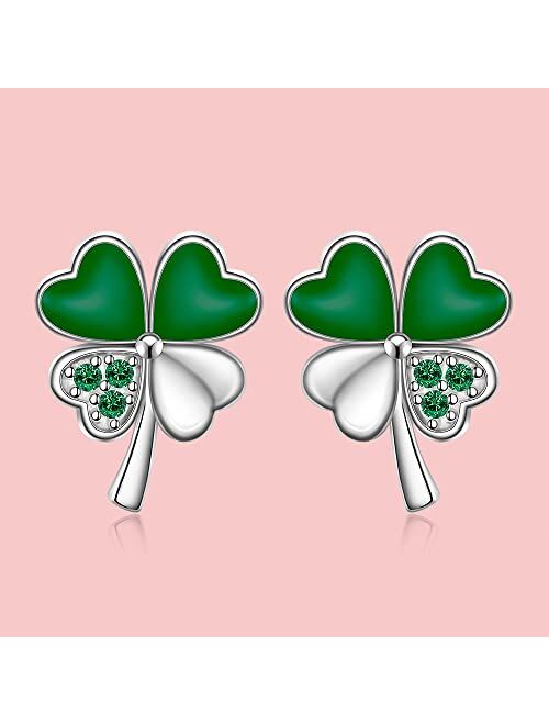 Iringnier Shamrock Earrings for Women Girls Sterling Silver St Patricks Day Four Leaf Clover Earrings Studs Green Shamrock Jewelry Holiday Gifts