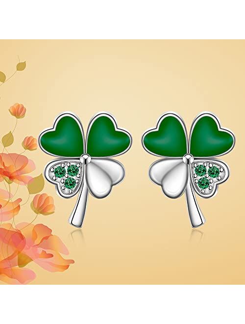 Iringnier Shamrock Earrings for Women Girls Sterling Silver St Patricks Day Four Leaf Clover Earrings Studs Green Shamrock Jewelry Holiday Gifts