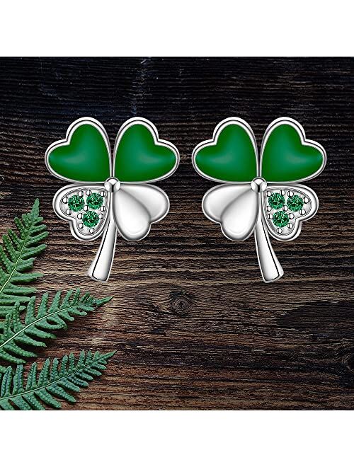 Iringnier Shamrock Earrings for Women Girls Sterling Silver St Patricks Day Four Leaf Clover Earrings Studs Green Shamrock Jewelry Holiday Gifts