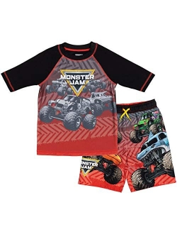 Monster Jam Short Sleeve Rash Guard Swim Shirt & Swim Trunks Bathing Suit Set