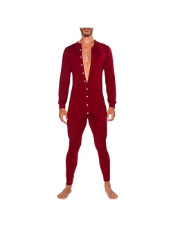 Kingspinner Men's Long Sleeve Onesie Henley Jumpsuit One Piece Pajama Long Thermal Union Suit Button Down Pajamas