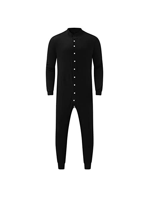Kingspinner Men's Long Sleeve Onesie Henley Jumpsuit One Piece Pajama Long Thermal Union Suit Button Down Pajamas