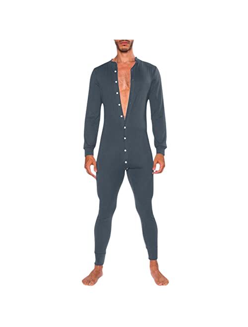 Kingspinner Men's Long Sleeve Onesie Henley Jumpsuit One Piece Pajama Long Thermal Union Suit Button Down Pajamas