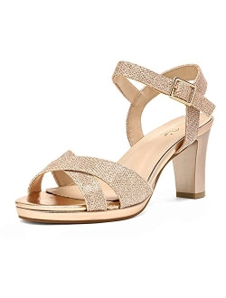 Womens Open Toe Ankle Strap Sparkly Strappy Chunky Heel Pump Sandals