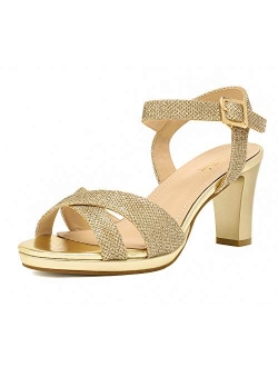 Womens Open Toe Ankle Strap Sparkly Strappy Chunky Heel Pump Sandals