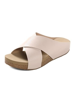 Women's Cork Slide Sandals Slip on Open Toe Cute Platform Criss Cross Flat Sandals for Summer