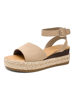 Women's Platform Ankle Strap Open Toe Espadrille Wedge Sandals