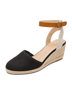 Women's Ankle Strap Closed Toe Espadrille Wedge Heels Sandals