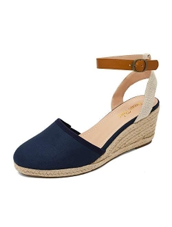 Women's Ankle Strap Closed Toe Espadrille Wedge Heels Sandals