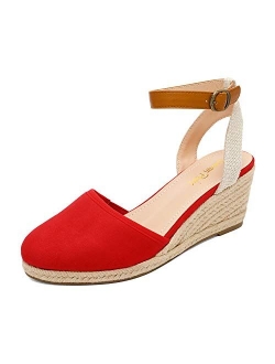 Women's Ankle Strap Closed Toe Espadrille Wedge Heels Sandals