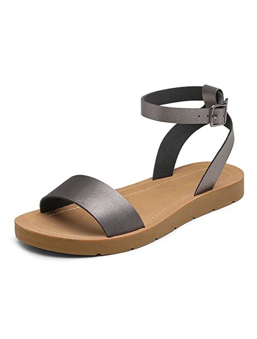 DREAM PAIRS Women’s One Band Ankle Strap Buckle Flat Sandals