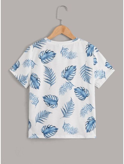 SHEIN Boys Tropical Print Crew Neck Tee