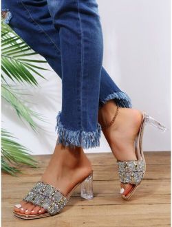 Metal & Rhinestone Decor Chunky Heeled Mules