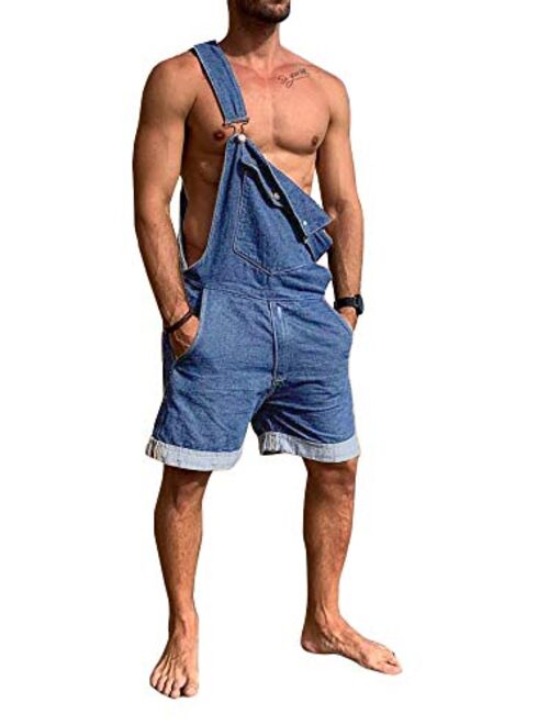 Bbalizko Mens Bib Overalls Denim Shorts Jean Romper One Piece Casual Loose Fit Walkshort Jumpsuit