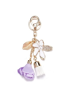 Swjewel Flower Keychain Rhinestone Tassel Leaf Key Ring Women Wallet Bag Pendant Charms