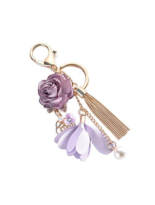 ZOONAI Flower Tassel Keychain Pearl Car Keyring Holder Purse Handbag Pendant