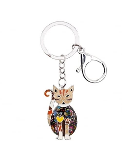 Naislu Enamel Alloy Floral Elegant Kitten Cat Key Chains Keyring Jewelry for Women Ladies Pendant Bag Car Charms Keychain