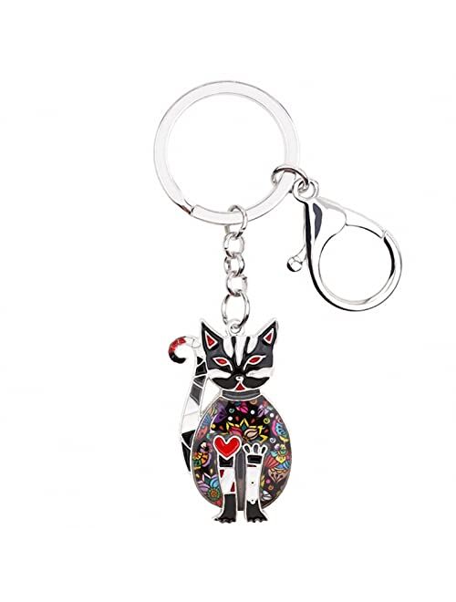 Naislu Enamel Alloy Floral Elegant Kitten Cat Key Chains Keyring Jewelry for Women Ladies Pendant Bag Car Charms Keychain