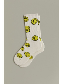 Warped Happy Face Print Crew Sock