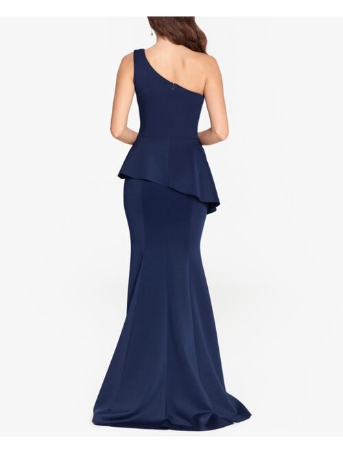 Betsy & Adam Petite Peplum One-Shoulder Gown