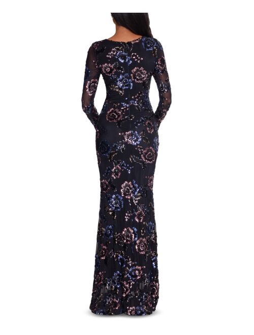 Betsy & Adam Petite Long Sleeve Sequin Floral Gown