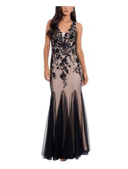 Petite Embroidered-Mesh Gown