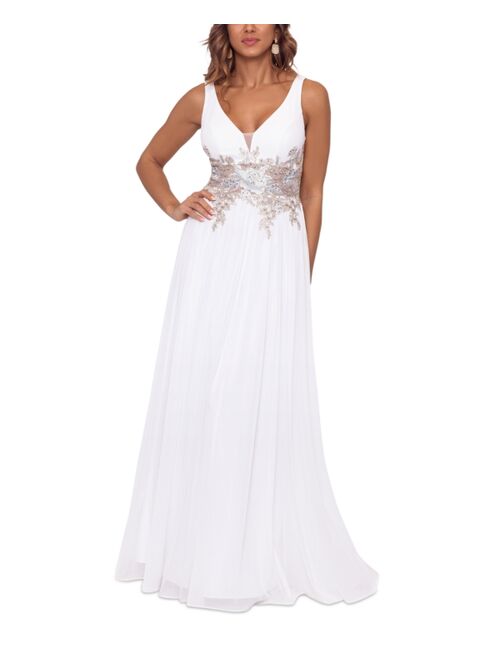 Betsy & Adam V-Neck Mesh-Waist Embroidered Chiffon Gown