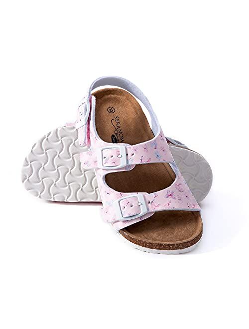 Seranoma JR Castaway Slide Sandals for Kids - Comfortable Slip On Cork Footbed Sandals Adjustable Buckles - Girls Slip-Resistant Platform Summer Flat Sandals for Beach, H