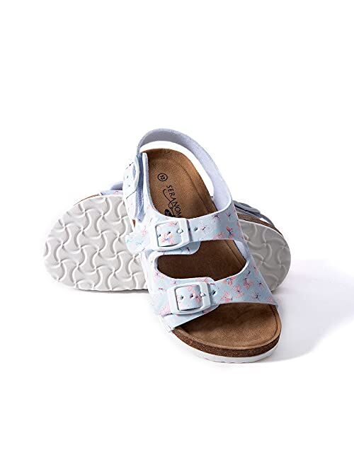 Seranoma JR Castaway Slide Sandals for Kids - Comfortable Slip On Cork Footbed Sandals Adjustable Buckles - Girls Slip-Resistant Platform Summer Flat Sandals for Beach, H