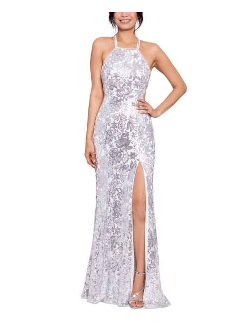 Betsy & Adam Sequin Halter Gown