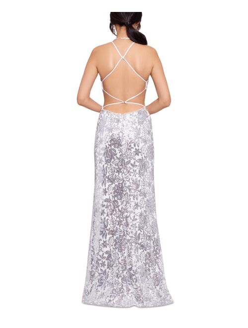 Betsy & Adam Sequin Halter Gown