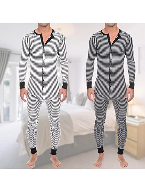 Panegy Men's Long Sleeve Comfortable One Piece Pajama Jumpsuit Stripped Henley Onesie Romper Novelty for Spring S-3XL