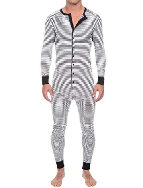 Panegy Men's Long Sleeve Comfortable One Piece Pajama Jumpsuit Stripped Henley Onesie Romper Novelty for Spring S-3XL