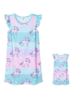 Perfashion Unicorn/Mermaid Nightgowns Matching Girls&Dolls Summer Flutter Sleeve Pajamas