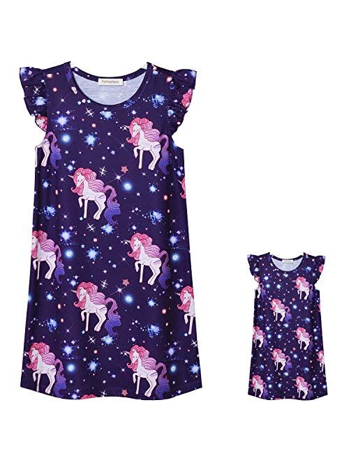 Perfashion Unicorn/Mermaid Nightgowns Matching Girls&Dolls Summer Flutter Sleeve Pajamas