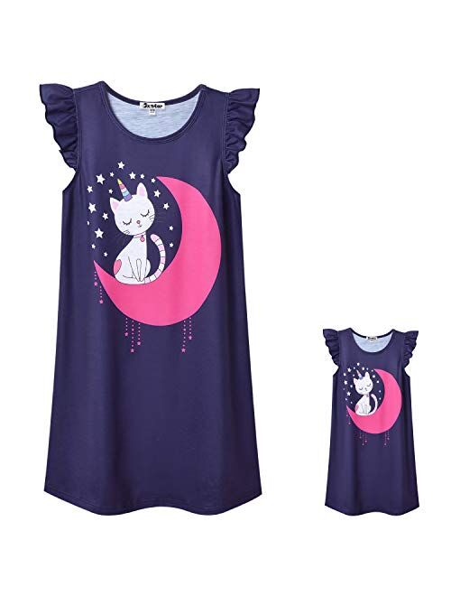 Jxstar Matching Girls&Doll Nightgowns Pajamas Princess Sleepwear Flutter Sleeve Night Dresses