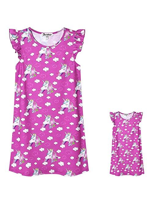 Jxstar Matching Girls&Doll Nightgowns Pajamas Princess Sleepwear Flutter Sleeve Night Dresses