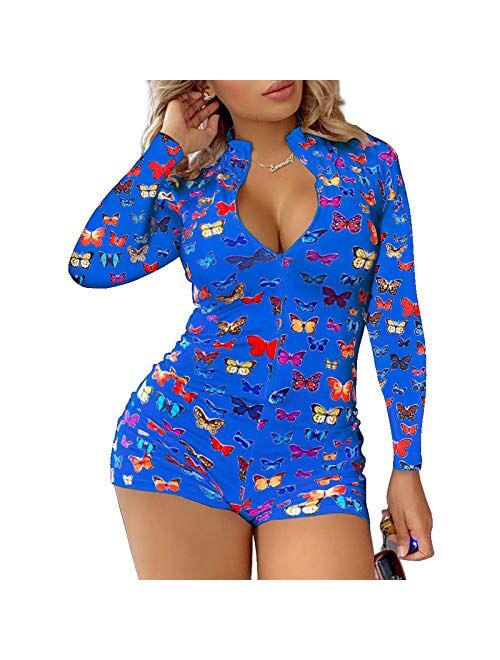 zhangqing Women 's V-Neck Bodysuit Jumpsuits Print Short Onesies Stretch Long Sleeve Pajama Romper