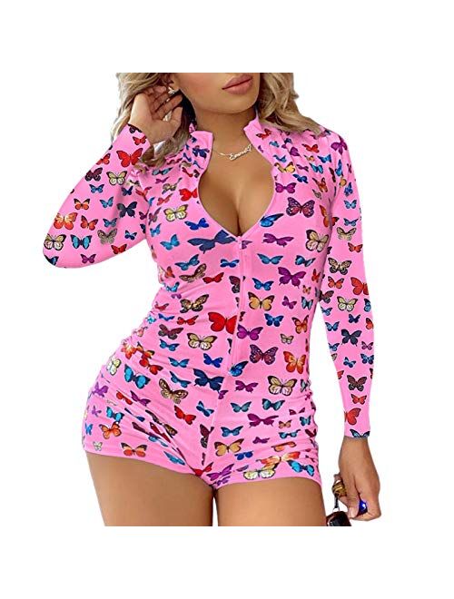 zhangqing Women 's V-Neck Bodysuit Jumpsuits Print Short Onesies Stretch Long Sleeve Pajama Romper