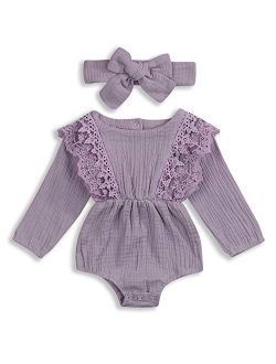 KCSLLCA Baby Girls Lace Romper Set Ruffle Sleeve Solid Color Onesie with Headband