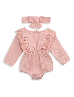 KCSLLCA Baby Girls Lace Romper Set Ruffle Sleeve Solid Color Onesie with Headband