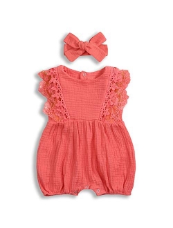 KCSLLCA Baby Girls Lace Romper Set Ruffle Sleeve Solid Color Onesie with Headband