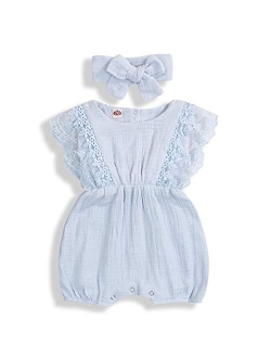 KCSLLCA Baby Girls Lace Romper Set Ruffle Sleeve Solid Color Onesie with Headband