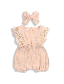 KCSLLCA Baby Girls Lace Romper Set Ruffle Sleeve Solid Color Onesie with Headband