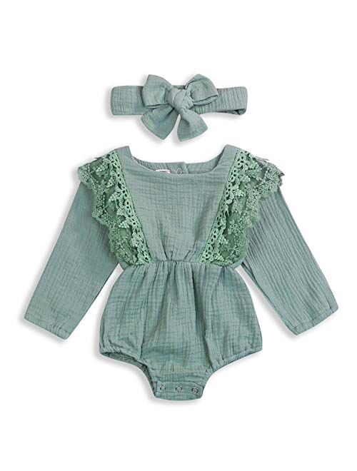 KCSLLCA Baby Girls Lace Romper Set Ruffle Sleeve Solid Color Onesie with Headband