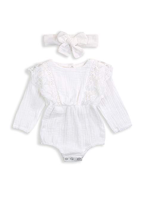 KCSLLCA Baby Girls Lace Romper Set Ruffle Sleeve Solid Color Onesie with Headband