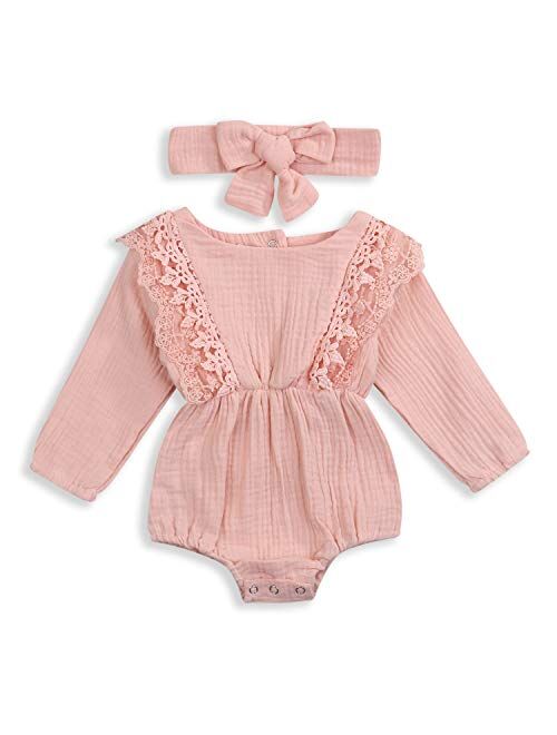 KCSLLCA Baby Girls Lace Romper Set Ruffle Sleeve Solid Color Onesie with Headband